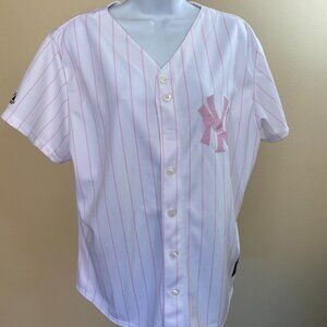 NY Yankees women's Pink Stripe Majestic Jersey/ Short Sleeve
